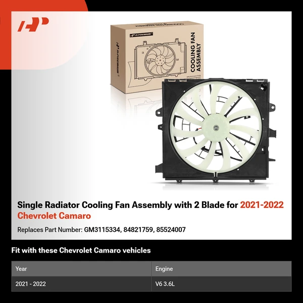 Single Radiator Cooling Fan Assembly with 2 Blade for 2021-2022 Chevrolet Camaro