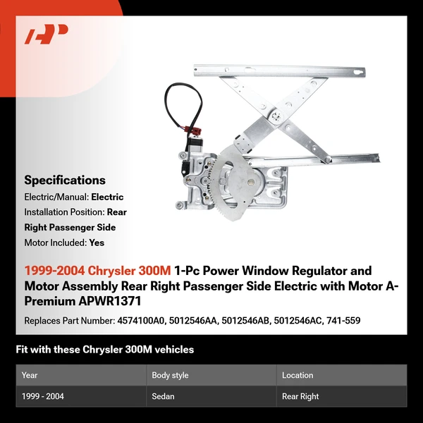 1999-2004 Chrysler 300M 1-Pc Power Window Regulator and Motor Assembly Rear Right Passenger Side Electric with Motor A-Premium APWR1371