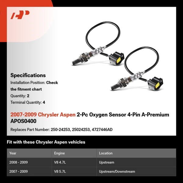 2007-2009 Chrysler Aspen 2-Pc Oxygen Sensor 4-Pin A-Premium APOS0400