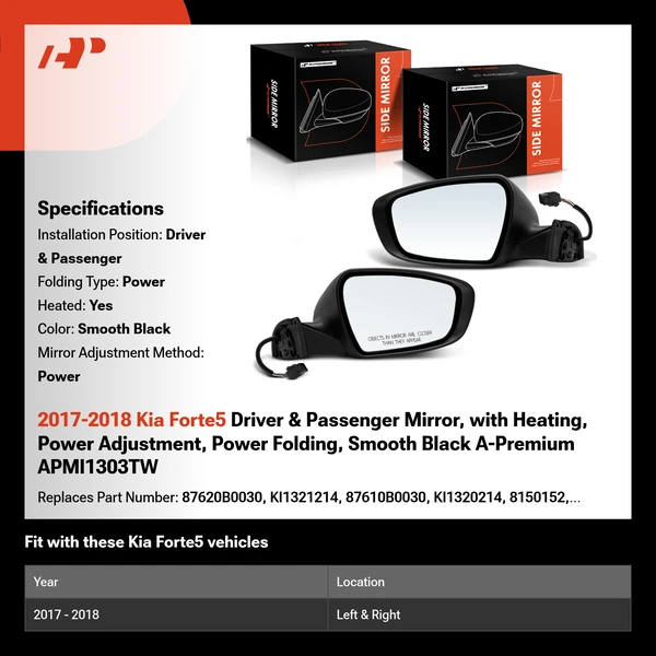 2017-2018 Kia Forte5 Driver & Passenger Mirror, with Heating, Power Adjustment, Power Folding, Smooth Black A-Premium APMI1303TW