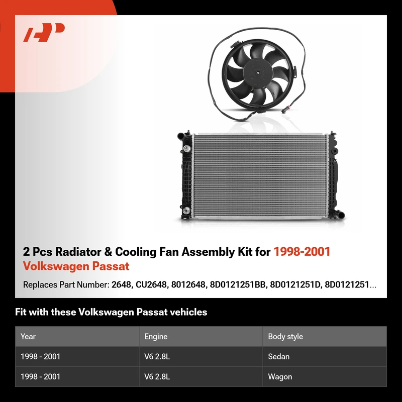 2 Pcs Radiator & Cooling Fan Assembly Kit for 1998-2001 Volkswagen Passat