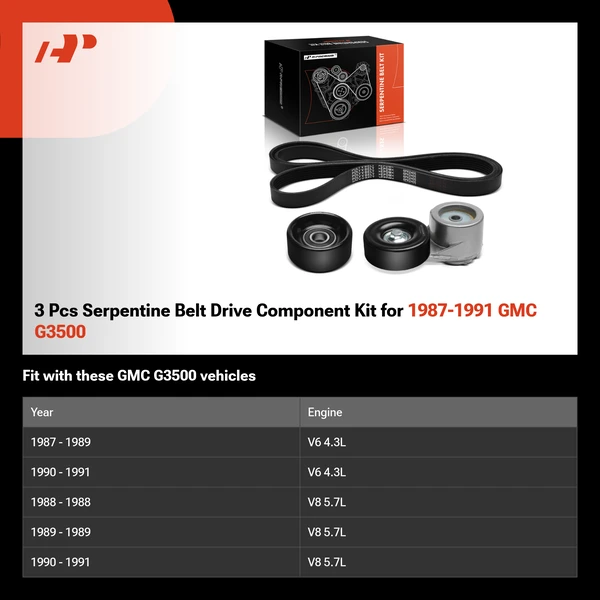 3 Pcs Serpentine Belt Drive Component Kit for 1987-1991 GMC G3500