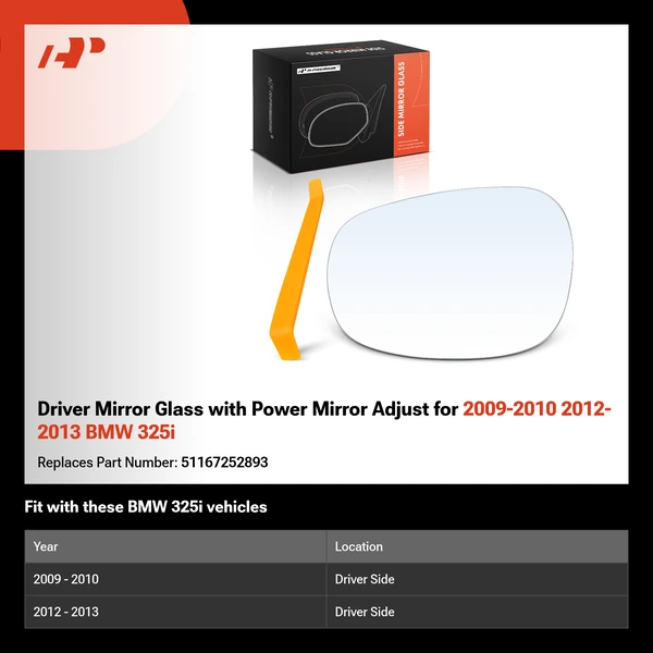 Driver Mirror Glass with Power Mirror Adjust for 2009-2010 2012-2013 BMW 325i