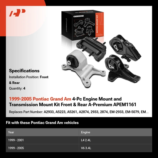 1999-2005 Pontiac Grand Am 4-Pc Engine Mount and Transmission Mount Kit Front & Rear A-Premium APEM1161