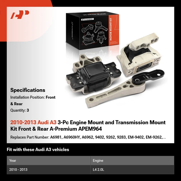 2010-2013 Audi A3 3-Pc Engine Mount and Transmission Mount Kit Front & Rear A-Premium APEM964