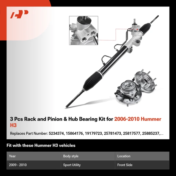 3 Pcs Rack and Pinion & Hub Bearing Kit for 2006-2010 Hummer H3