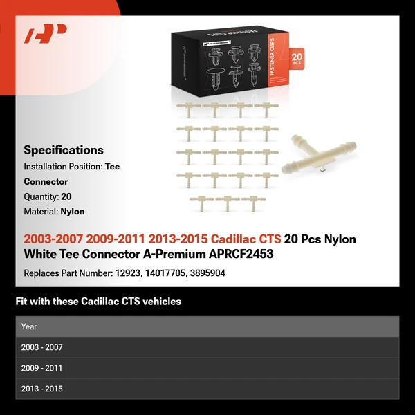 2003-2007 2009-2011 2013-2015 Cadillac CTS 20 Pcs Nylon White Tee Connector A-Premium APRCF2453