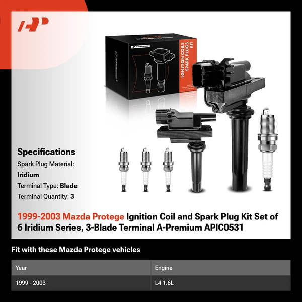 1999-2003 Mazda Protege Ignition Coil and Spark Plug Kit Set of 6 Iridium Series, 3-Blade Terminal A-Premium APIC0531
