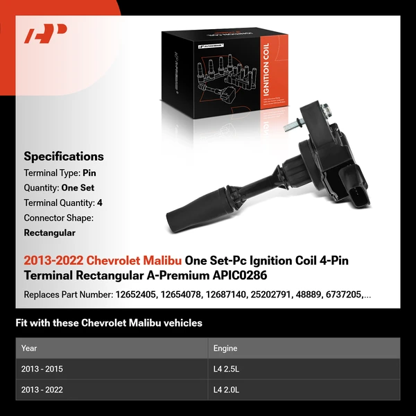2013-2022 Chevrolet Malibu One Set-Pc Ignition Coil 4-Pin Terminal Rectangular A-Premium APIC0286