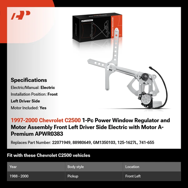 1997-2000 Chevrolet C2500 1-Pc Power Window Regulator and Motor Assembly Front Left Driver Side Electric with Motor A-Premium APWR0383