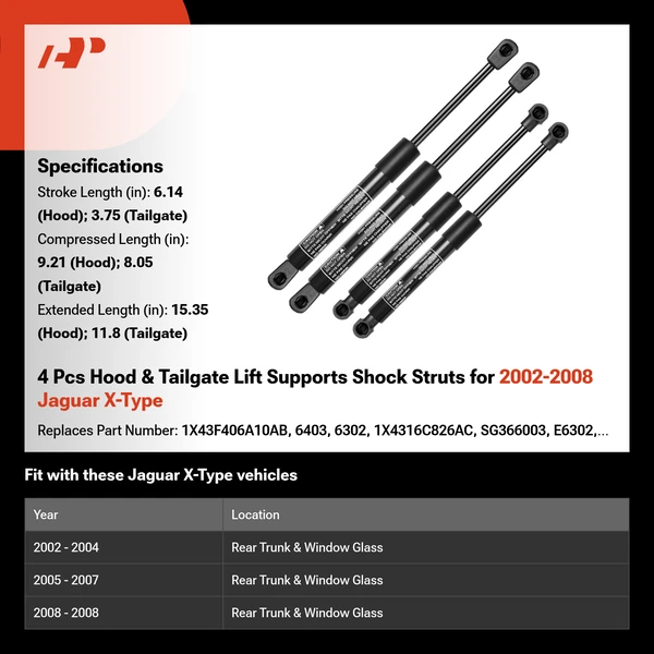 4 Pcs Hood & Tailgate Lift Supports Shock Struts for 2002-2008 Jaguar X-Type