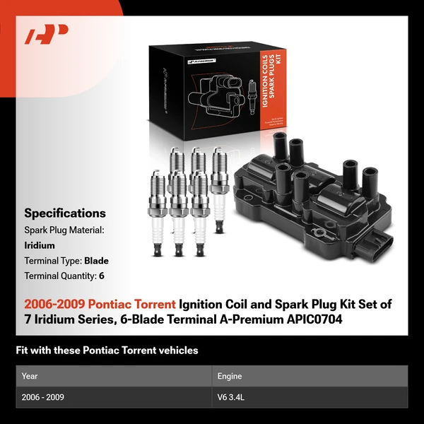 2006-2009 Pontiac Torrent Ignition Coil and Spark Plug Kit Set of 7 Iridium Series, 6-Blade Terminal A-Premium APIC0704