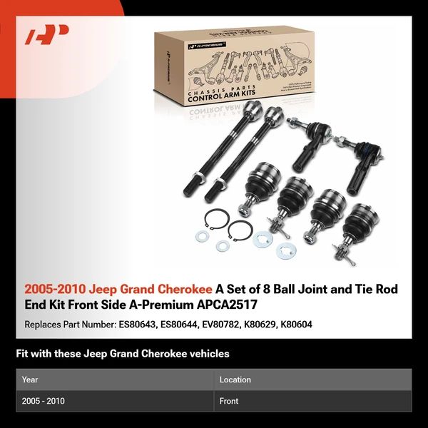 2005-2010 Jeep Grand Cherokee A Set of 8 Ball Joint and Tie Rod End Kit Front Side A-Premium APCA2517