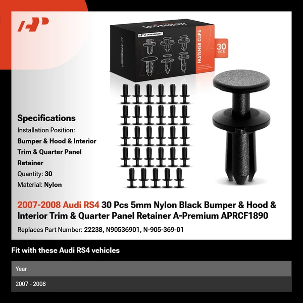 2007-2008 Audi RS4 30 Pcs 5mm Nylon Black Bumper & Hood & Interior Trim & Quarter Panel Retainer A-Premium APRCF1890