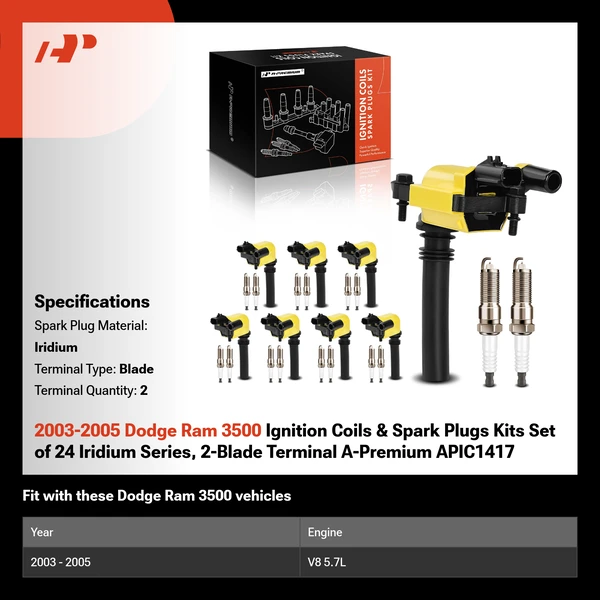 2003-2005 Dodge Ram 3500 Ignition Coils & Spark Plugs Kits Set of 24 Iridium Series, 2-Blade Terminal A-Premium APIC1417