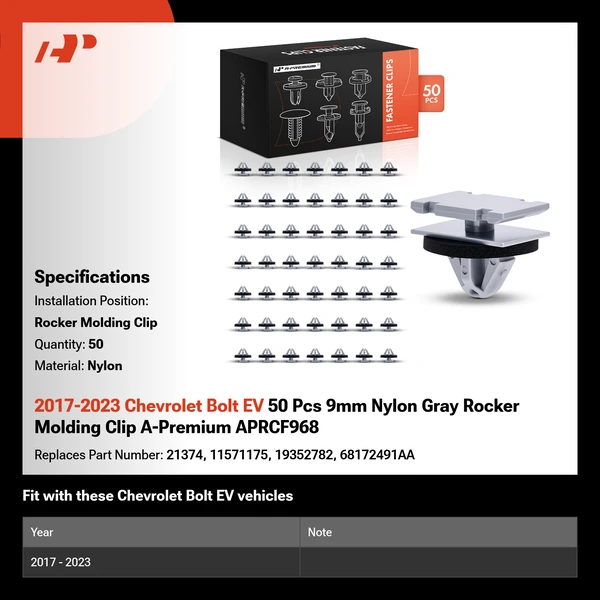 2017-2023 Chevrolet Bolt EV 50 Pcs 9mm Nylon Gray Rocker Molding Clip A-Premium APRCF968