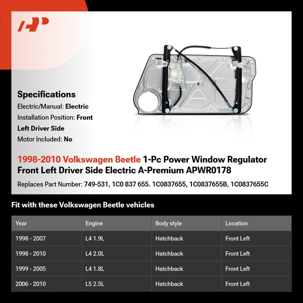 1998-2010 Volkswagen Beetle 1-Pc Power Window Regulator Front Left Driver Side Electric A-Premium APWR0178
