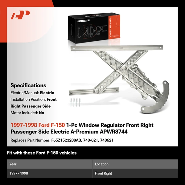 1997-1998 Ford F-150 1-Pc Window Regulator Front Right Passenger Side Electric A-Premium APWR3744