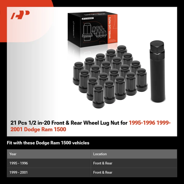 21 Pcs 1/2 in-20 Front & Rear Wheel Lug Nut for 1995-1996 1999-2001 Dodge Ram 1500