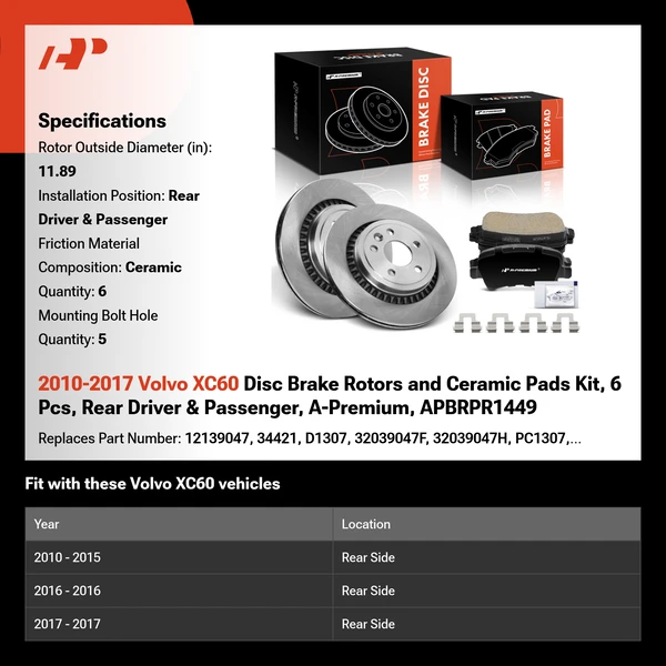 2010-2017 Volvo XC60 Disc Brake Rotors and Ceramic Pads Kit, 6 Pcs, Rear Driver & Passenger, A-Premium, APBRPR1449