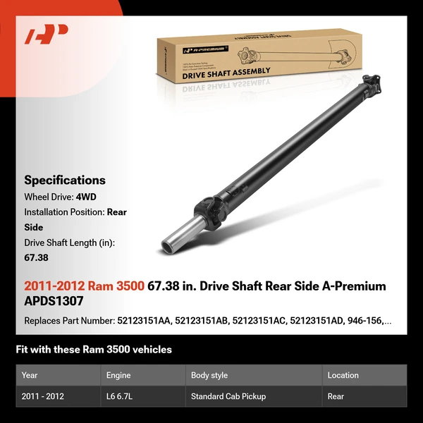 2011-2012 Ram 3500 67.38 in. Drive Shaft Rear Side Automatic A-Premium APDS1307