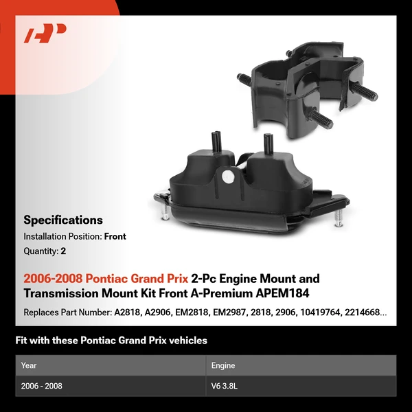 2006-2008 Pontiac Grand Prix 2-Pc Engine Mount and Transmission Mount Kit Front A-Premium APEM184