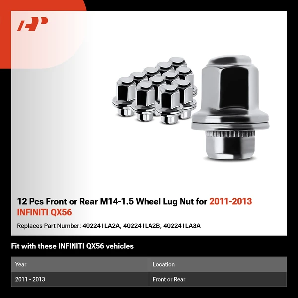 12 Pcs Front or Rear M14-1.5 Wheel Lug Nut for 2011-2013 INFINITI QX56
