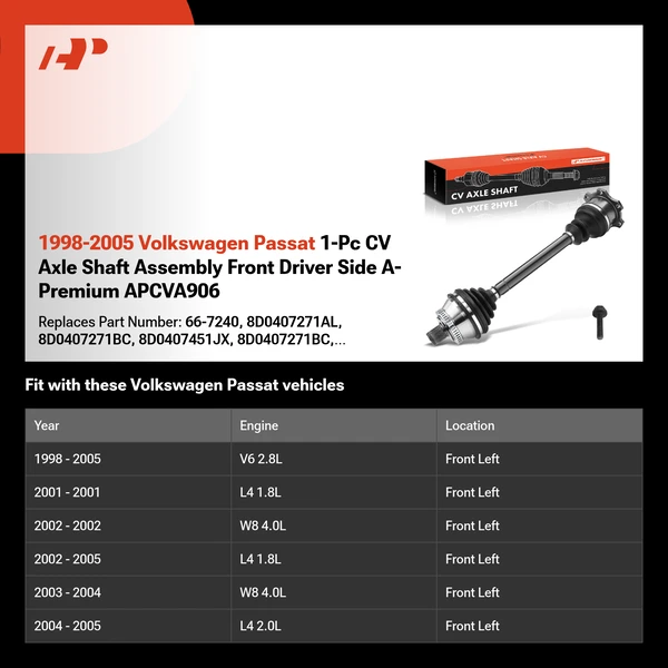 1998-2005 Volkswagen Passat 1-Pc CV Axle Shaft Assembly Front Driver Side A-Premium APCVA906