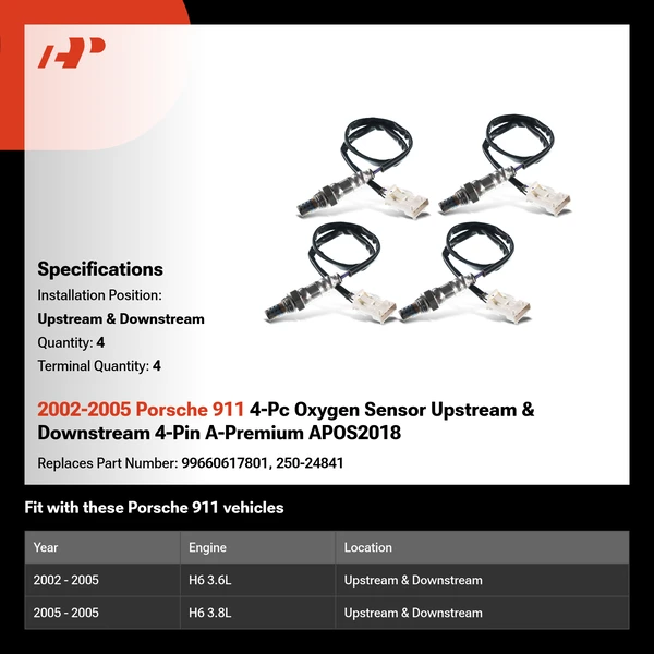 2002-2005 Porsche 911 4-Pc Oxygen Sensor Upstream & Downstream 4-Pin A-Premium APOS2018