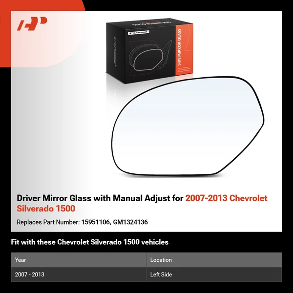 Driver Mirror Glass with Manual Adjust for 2007-2013 Chevrolet Silverado 1500
