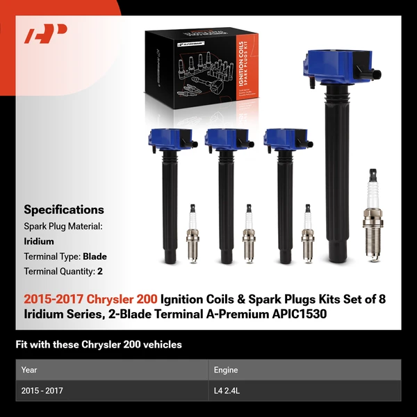 2015-2017 Chrysler 200 Ignition Coils & Spark Plugs Kits Set of 8 Iridium Series, 2-Blade Terminal A-Premium APIC1530