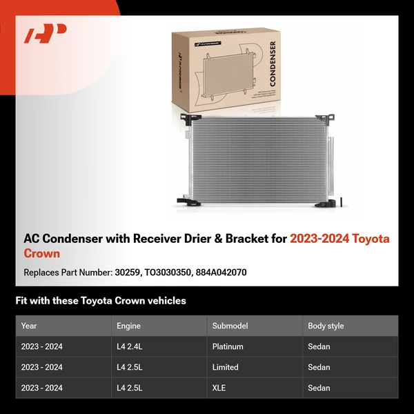 AC Condenser with Receiver Drier & Bracket for 2023-2024 Toyota Crown