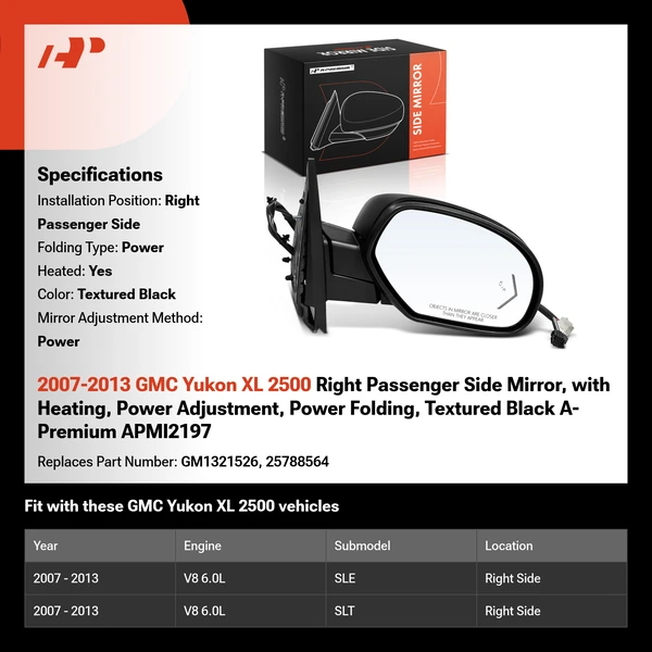 2007-2013 GMC Yukon XL 2500 Right Passenger Side Mirror, with Heating, Power Adjustment, Power Folding, Textured Black A-Premium APMI2197