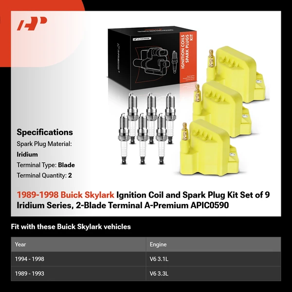 1989-1998 Buick Skylark Ignition Coil and Spark Plug Kit Set of 9 Iridium Series, 2-Blade Terminal A-Premium APIC0590