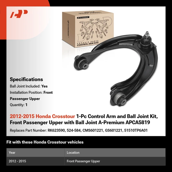 2012-2015 Honda Crosstour 1-Pc Control Arm and Ball Joint Kit, Front Passenger Upper with Ball Joint A-Premium APCA5819