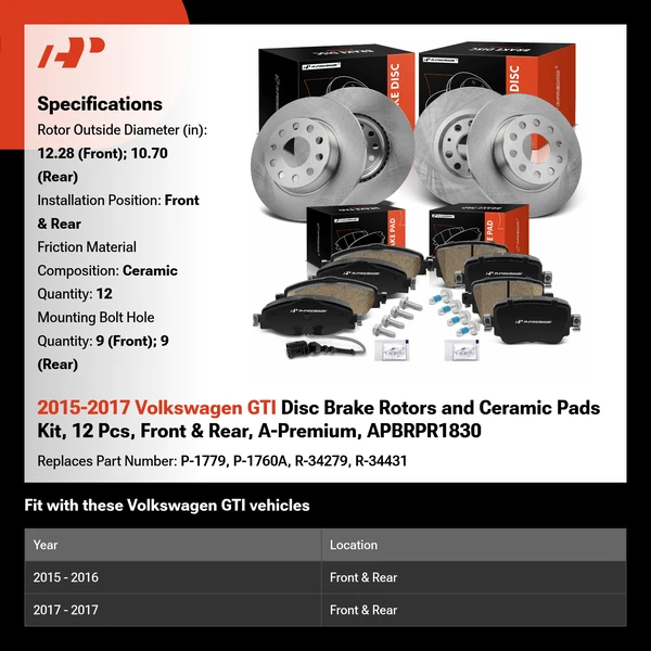 2015-2017 Volkswagen GTI Disc Brake Rotors and Ceramic Pads Kit, 12 Pcs, Front & Rear, A-Premium, APBRPR1830