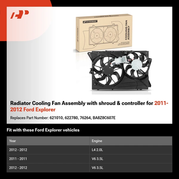 Radiator Cooling Fan Assembly with shroud & controller for 2011-2012 Ford Explorer