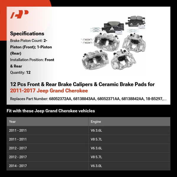 12 Pcs Front & Rear Brake Calipers & Ceramic Brake Pads for 2011-2017 Jeep Grand Cherokee