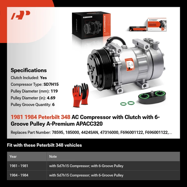 1981 1984 Peterbilt 348 AC Compressor with Clutch with 6-Groove Pulley A-Premium APACC320