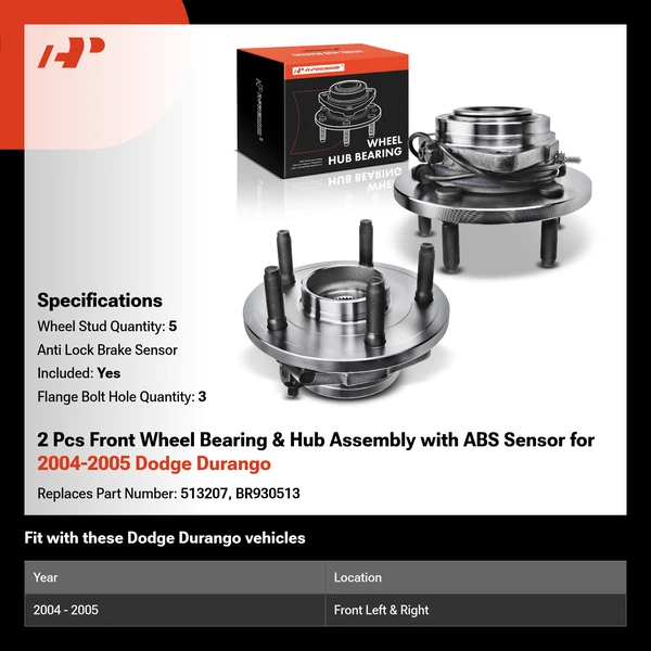 2 Pcs Front Wheel Bearing & Hub Assembly with ABS Sensor for 2004-2005 Dodge Durango