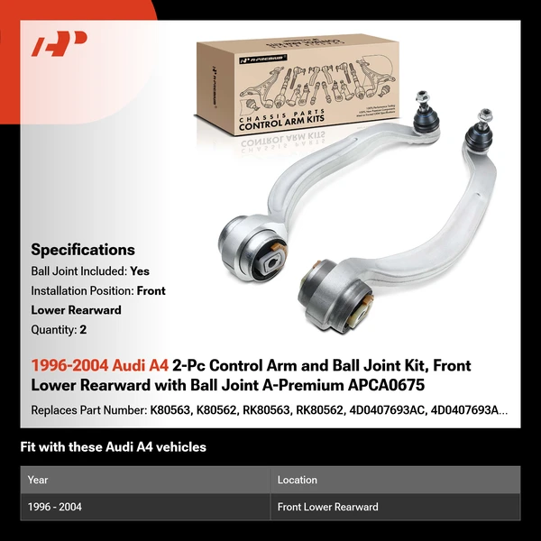 1996-2004 Audi A4 2-Pc Control Arm and Ball Joint Kit, Front Lower Rearward with Ball Joint A-Premium APCA0675