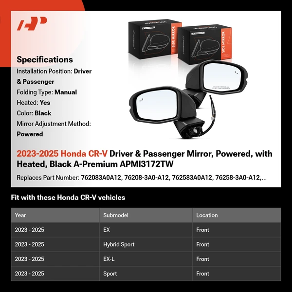 2023-2025 Honda CR-V Driver & Passenger Mirror, Powered, with Heated, Black A-Premium APMI3172TW