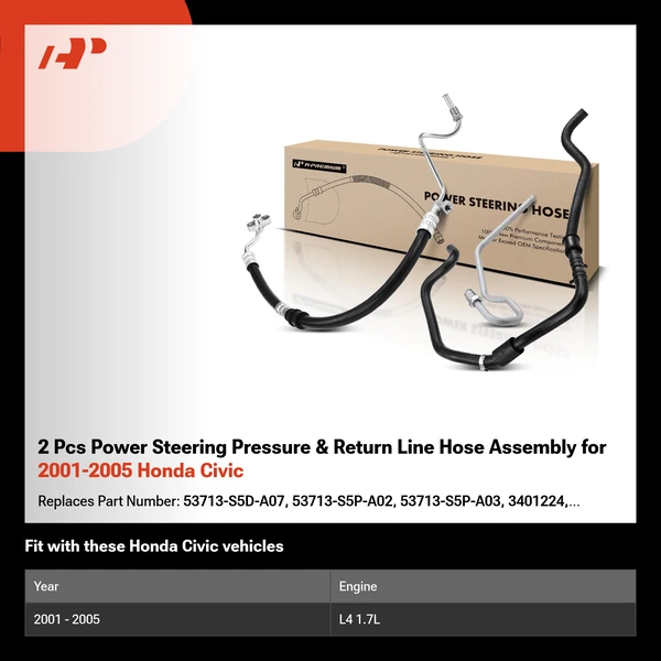 2 Pcs Power Steering Pressure & Return Line Hose Assembly for 2001-2005 Honda Civic