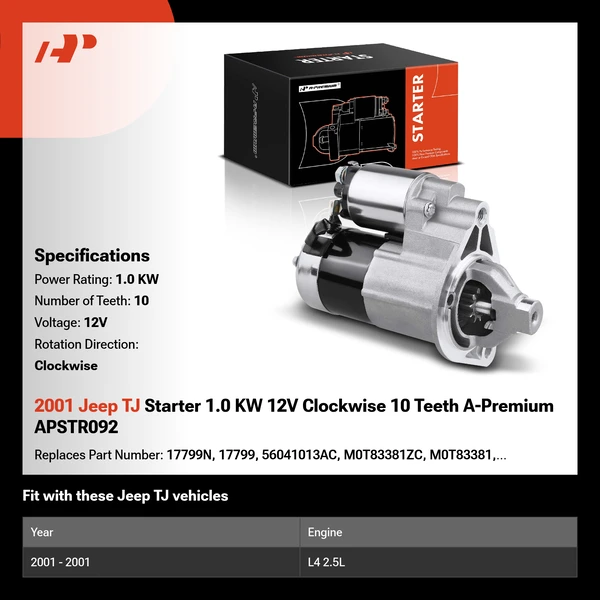 2001 Jeep TJ Starter 1.0 KW 12V Clockwise 10 Teeth A-Premium APSTR092