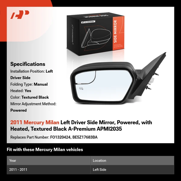 2011 Mercury Milan Left Driver Side Mirror, Powered, with Heated, Textured Black A-Premium APMI2035