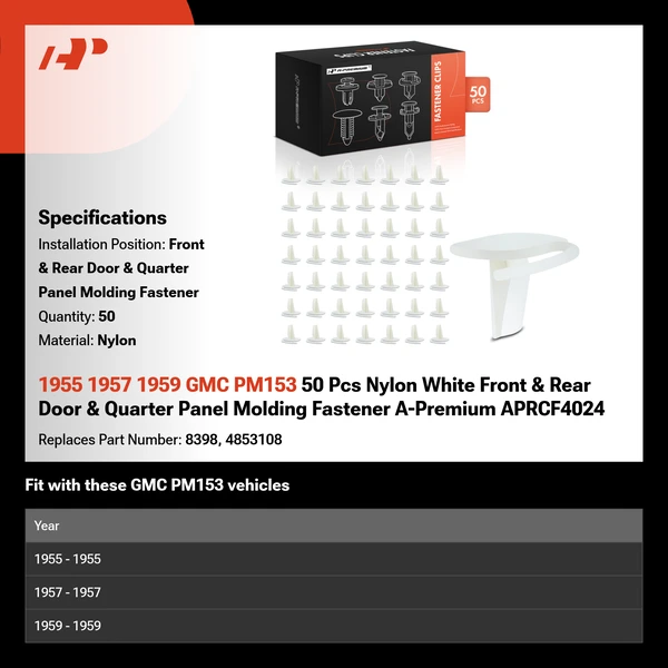 1955 1957 1959 GMC PM153 50 Pcs Nylon White Front & Rear Door & Quarter Panel Molding Fastener A-Premium APRCF4024