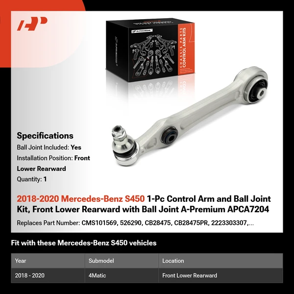 2018-2020 Mercedes-Benz S450 1-Pc Control Arm and Ball Joint Kit, Front Lower Rearward with Ball Joint A-Premium APCA7204