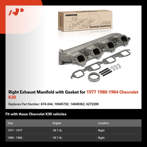 Right Exhaust Manifold with Gasket for 1977 1980-1984 Chevrolet K30