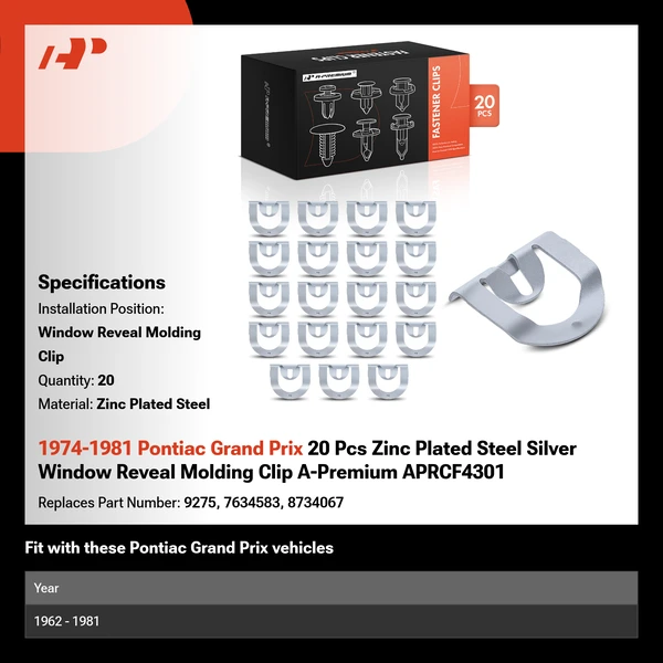 1974-1981 Pontiac Grand Prix 20 Pcs Zinc Plated Steel Silver Window Reveal Molding Clip A-Premium APRCF4301