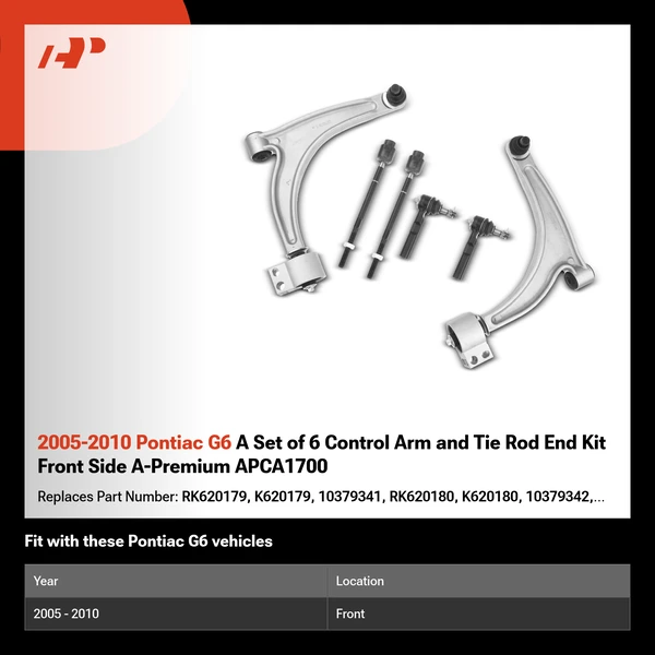 2005-2010 Pontiac G6 A Set of 6 Control Arm and Tie Rod End Kit Front Side A-Premium APCA1700